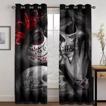 3D Funny Scary Throne Skeleton Halloween 2 Pieces Thin Children s Curtains Window Drape Living Room Bedroom Decor 100W130H(CM)40x51in&Hook