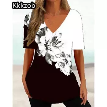 3D футболка с цветочным принтом футболка свободный свитер женский повседневный топ модная женская футболка с V-образным вырезом принт Harajuku летняя одежда 5xl M