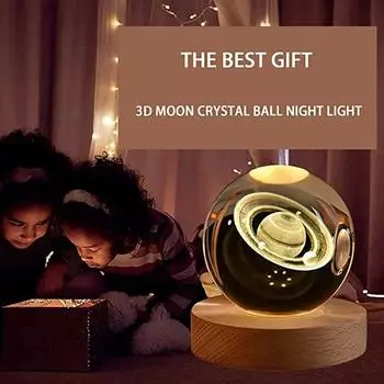 3D Galaxy Crystal Ball Lamp Лазерная гравировка Ночной светильник с деревянной основой для декора спальни, Earth