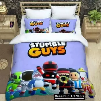 3D Game Cartoon Stumble-guys Bedding Set Quilt Cover Bed Cover with Pillowcase Twin Single Queen King Size Boys Adult Home EU Single 90x200cm