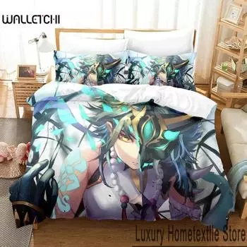 3D Genshin Impact Xiao Anime Комплект постельного белья Пододеяльник Постельный комплект Одеяло Чехол Наволочка Одеяло King Queen Size Постельное белье для мальчиков и взрослых 70x133cm 2pcs