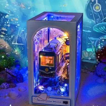 3D головоломка Миниатюрный домик Комплект Подставка для книг Светодиодная книжная полка Украшение ручной работы Сборка Деревянный пазл Иллюстрация из дерева (Подводный Фантом)