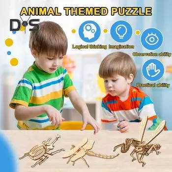 3D головоломка в виде животного, самодельная деревянная мини-бабочка, стрекоза, пчела, жук, сверчок, головоломка, игра для детей и взрослых, развивающая игрушка для сборки животных C