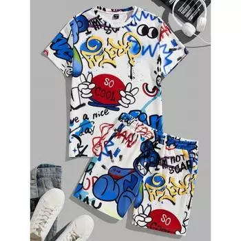 3D Граффити Принт Мужская мода шорты с коротким рукавом комплект летняя повседневная мужская футболка для улицы мужские пляжные шорты S