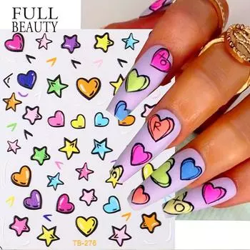 3D граффити сердце звезда дизайн наклейки для дизайна ногтей, самоклеящиеся мультяшные звезды сердце дизайн наклейки для дизайна ногтей для украшения дизайна ногтей