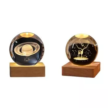 3D гравированный маленький стеклянный шар декоративный USB зарядка для спальни декор (Сатурн) NEW