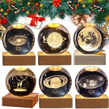 3D гравированный теплый свет ночник с деревянной основой светодиодный хрустальный шар ночник стеклянный шар ночник для настольного арт-декора Milky way