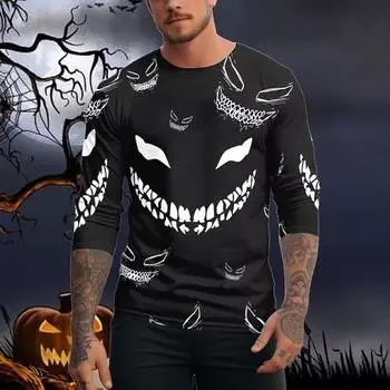 3D Хэллоуин злой смайлик мужская классическая ретро футболка с длинным рукавом для спорта на открытом воздухе свободный повседневный спортивный длинный рукав Хэллоуин S