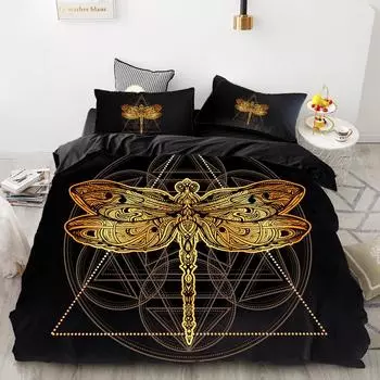 3D HD Digital Printing Bedding Set,Black Duvet Cover Set Queen Cal King,Bedclothes Golden dragonfly Drop Shipping 135x200cm 3pcs
