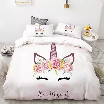 3D HD Digital Printing Bedding Set,Cartoon Duvet Cover Set Queen King Kids Child Baby,Bedclothes Cute Unicorn crown 135x200cm 3pcs