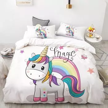 3D HD Digital Printing Bedding Set,Cartoon Duvet Cover Set Queen King Kids Child Baby,Bedclothes Cute Stars Unicorn 135x200cm 3pcs