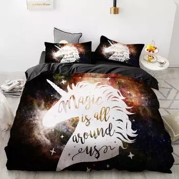 3D HD Digital Printing Bedding Set,Duvet Cover Set Queen King,Bedclothes Black Mgaic Unicorn Drop Shipping 135x200cm 3pcs