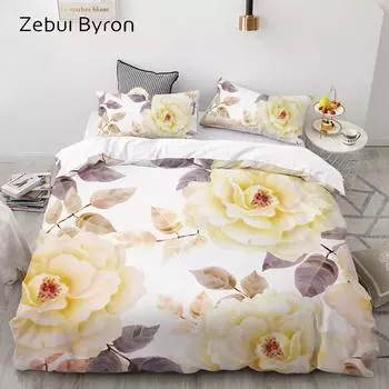 3D HD Print Комплект постельного белья Custom/King/Europe/USA, Комплект пододеяльников Queen/King, Комплект стеганого одеяла/покрывала Постельное белье Желтый пион 135x200cm 3pcs