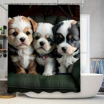 3D HD Printed Cute Puppies Shower Curtain Luxury Waterproof Pet Design Bathroom Decor Green Couch Background (Size: 180cm x 259c 90x180cm