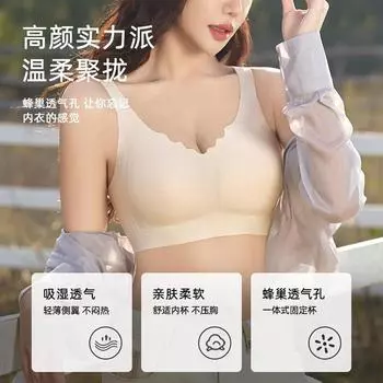 Нижнее белье с 3D-сотовыми чашками, женская большая грудь, маленькая и легкая дышащая чашка, бюстгальтер с антипровисающими сборками, без стальных колец L (recommended 80-55kg)
