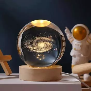 3D Хрустальный шар Галактики Ночник, Креативный гравированный ночник, Настольная светодиодная лампа USB с деревянной подставкой, Свет для украшения дома и офиса (галактика)