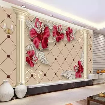 3D Ювелирные изделия Красные цветы Колонна Клетчатый фон Обои Спальня Гостиная Телевизор Настенный декор Большие фрески 200 cm(W) x 140 cm(H)