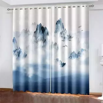 3D картина тушью в китайском стиле, роскошные домашние шторы от солнца, 2 шт., украшение для гостиной, спальни, крючок, дырокол 100W130H(CM)40x51in&Hook
