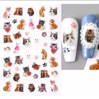 3D Kawaii Cat Наклейка для ногтей Милые мультяшные животные Котенок щенок Розовый коготь Самоклеящийся слайдер Японский нейл-арт DIY Маникюр Декор