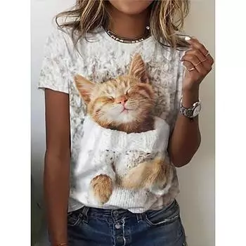 3D Kawaii Cat Print Футболки Женские футболки Смешные модные топы с коротким рукавом Для женщин Y2k Oversize Женская одежда Эстетика Футболки S бежевый