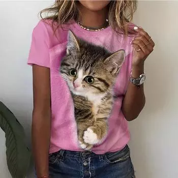 3D Kawaii Cat Print Футболки Женские футболки Смешные модные топы с коротким рукавом Для женщин Y2k Oversize Женская одежда Эстетика Футболки S