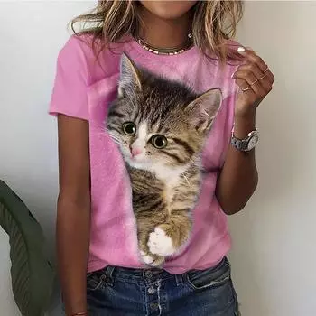 3D Kawaii Cat Print Футболки Женские футболки Смешные модные топы с коротким рукавом Для женщин Y2k Oversize Женская одежда Эстетика Футболки 2XS