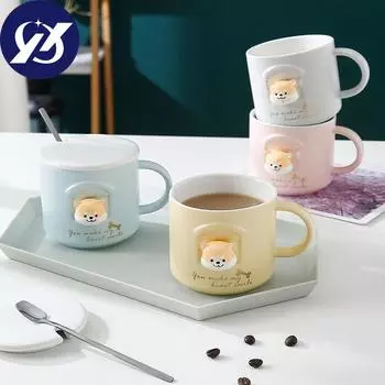 3D керамическая кружка для собак Sba Inu Akita, необычная чашка для чая с мультяшными животными с крышкой и ложкой для любителей собак, кружка для горячей воды с молоком розовый