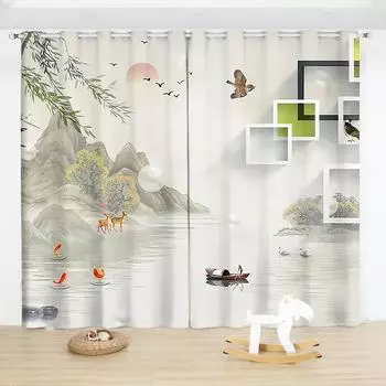 3D Китайские чернила бамбуковые полузатемняющие занавески с люверсами для верхней спальни гостиной от пола до потолка 2 панели Dra (W50cmxH130cm)x2&Rod Pocket