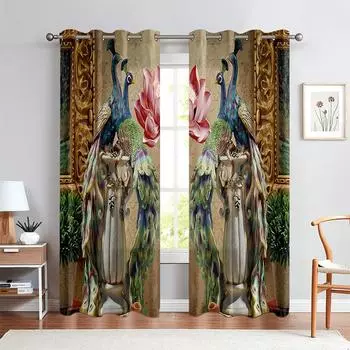 3d Классический Павлин Красивые Шторы Животный Цвет 2 Панели Гостиная Балкон Окно Декоративные Шторы 50W130H(CM)X2PCS&Grommet Top