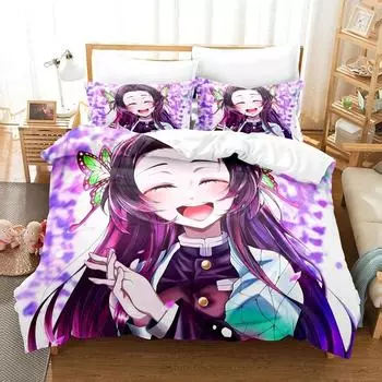 3D Kochou Shinobu Bed Linen Anime Demon Slayer Bedding Set 200x200 Teens Boys Twin Single Queen King Full Duvet Cover Sets EU single(135x200cm)