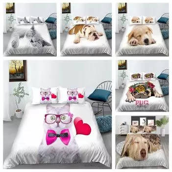 3D комплект постельного белья на белом фоне с принтом кошки или собаки, пододеяльник, наволочка, 2 или 3 шт., AU240 * 270, крупногабаритное украшение для дома Baby 100x135cm
