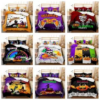 3D комплект постельного белья на Хэллоуин с тыквой и призраком, пуховое одеяло и наволочка, 2/3 шт., AU/EU/DE/US/UK, полноразмерное быстросохнущее украшение для дома Baby 100x135cm