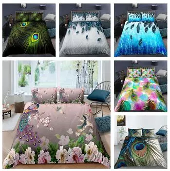 3D комплект постельного белья с перьями павлина, одеяло и наволочка с изображением животных, 2/3 шт., одинарный/двойной подарок на день рождения, AU180 * 210, полноразмерный моющийся домашний текстиль Baby 100x135cm