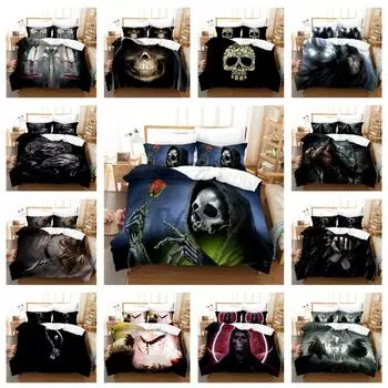 3D комплект постельного белья с изображением головы черепа, пододеяльник с рисунком ужасов, 2/3 предмета, макет атмосферы фестиваля Хэллоуина, AU/EU/US/UK/DE, полноразмерное украшение для дома Baby 100x135cm