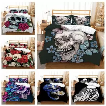 3D комплект постельного белья с изображением головы черепа, пододеяльник и наволочка с цветочным черепом, 2/3 шт., ужасающее украшение для комнаты на Хэллоуин Baby 100x135cm