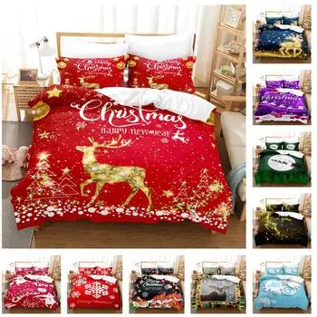 3D Комплект постельного белья «С Новым годом» «Рождество Счастье» Пододеяльник Наволочка 2/3 Праздничный подарок AU/EU/ES/DE Полный размер Быстросохнущий мягкий домашний текстиль Baby 100x135cm