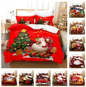 3D Комплект постельного белья Санта-Клауса С Новым годом Пододеяльник Наволочка 2/3 Праздничный подарок AU180 * 210 Полноразмерный быстросохнущий мягкий рождественский домашний текстиль Baby 100x135cm