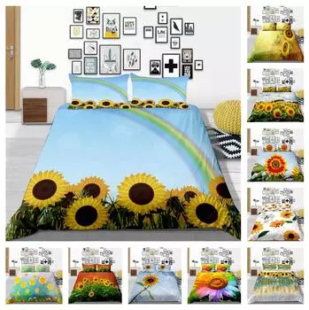 3D комплект постельного белья серии «Подсолнух», пуховое одеяло и наволочка с солнечными растениями, 2/3 шт. AU180 * 210, полноразмерное моющееся украшение для дома Baby 100x135cm
