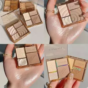 3D Контуринг лица Бронзер Косметика Осветляющая бежевая матовая Палитра для хайлайтеров Четырехцветные тени для век Пудра для носа Макияж