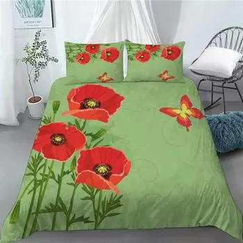 3D Красный мак пододеяльник King Queen Size Красивый цветок полиэстер пододеяльник с наволочками для детей и взрослых Декор для дома и спальни 135x200cm 2pcs