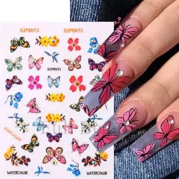 3D Красочные Наклейки Для Ногтей Цветочные Растения Наклейки Для Нейл-Арта Цветочные Бабочки Весенние Слайдеры Маникюр Декор