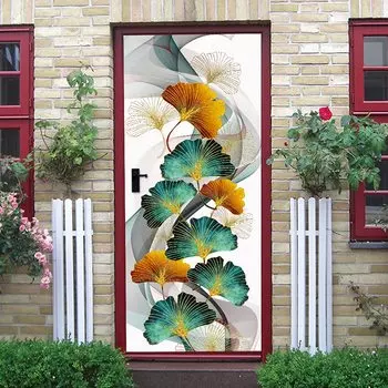 3D красочные наклейки на дверь гинкго билоба, настенная роспись гостиной, спальни, обои на дверь, наклейки на стену, самоклеящиеся, водонепроницаемый декор 77 x 200cm