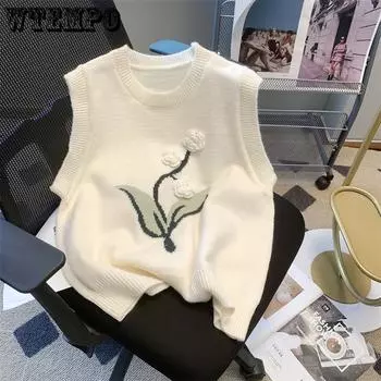 3D крючком цветок вязаный жилет для женщин милый вязаный жилет корейский универсальный круглый вырез без рукавов вязаный свитер для женщин S чёрный