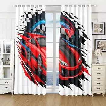 3D Крутые Шторы Спортивные Машины 2 Панели Детские Любимые Шторы Спортивные Машины Комната Мальчиков Спальня Гостиная Балкон Декор 60W60H(CM)X2&HOOK