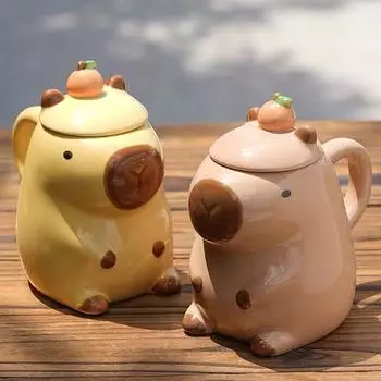 3D кружка капибара керамическая кружка для кофе мультяшная капибара парная чашка с ручкой и крышкой забавная чашка для чая подарок для девочек реквизит для фотосессии на вечеринке жёлтый