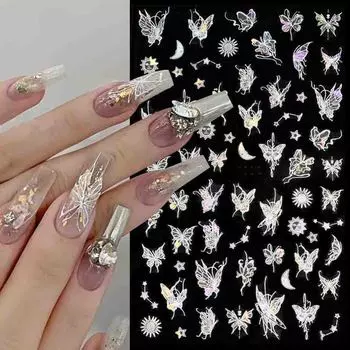 3D лазерные наклейки для ногтей, красочные бабочки, клейкие слайдеры, наклейки для дизайна ногтей, маникюрные украшения