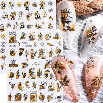 3D лазерные наклейки для ногтей с кленовым листом, черный, золотой цветок, абстрактное лицо, голографические наклейки, осенний лист, цветочная фольга для ногтей, аксессуары 1