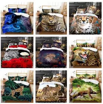 3D леопардовый пододеяльник и наволочка, 2/3 предмета, постельное белье свирепого зверя DE135 * 200, мягкое украшение для комнаты для мальчиков с животным принтом Baby 100x135cm