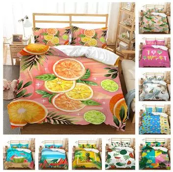 3D Летний фруктовый узор Домашний комплект постельного белья Фруктовый пододеяльник Наволочка 2/3 шт. AU180 * 210 Полный размер Быстросохнущая и легкая чистка Домашний интерьер Baby 100x135cm