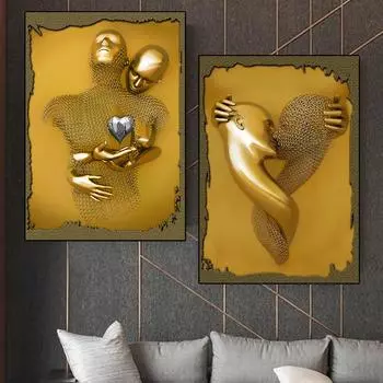 3D Любовь Сердце Серая Художественная Роспись на Холсте Металлическая Фигура Статуя Художественные Плакаты и Отпечатки Настенные Панно для Гостиной Домашний Декор 20x30cm